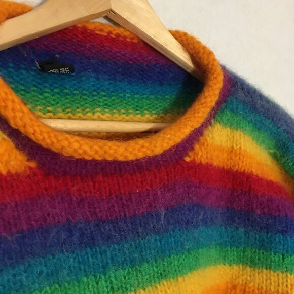 Rainbow Wool Sweater Rare Hand Knit Nepal Unisex Sz L Roll Neck Chunky - Picture 4 of 8